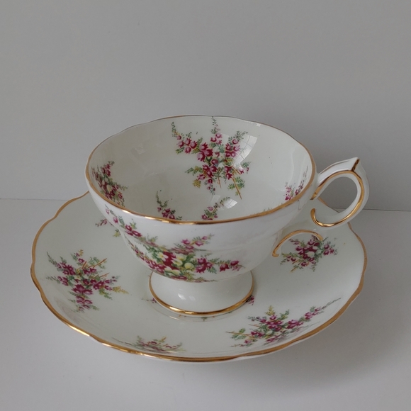 Hammersley & Co Heather Sprayed Pedestal Teacup Saucer Set - Picture 1 of 8